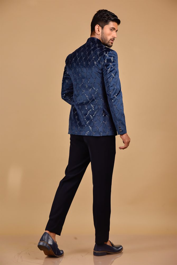 Royal Blue Velvet Embroidered Jodhpuri Suit