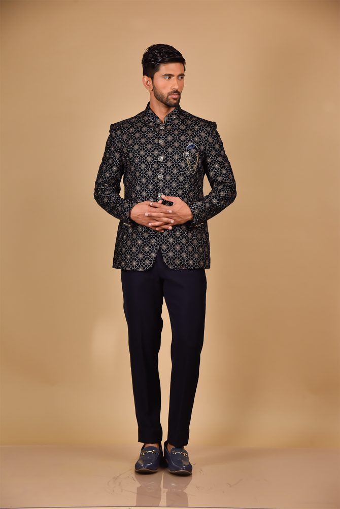 Navy Blue Floral Thread Work Jodhpuri Suit