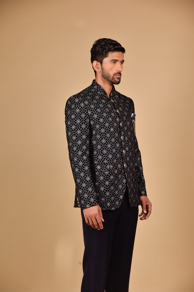 Navy Blue Floral Thread Work Jodhpuri Suit