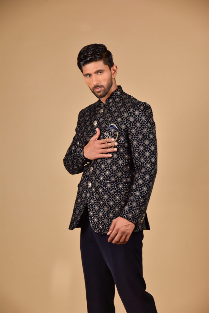Navy Blue Floral Thread Work Jodhpuri Suit