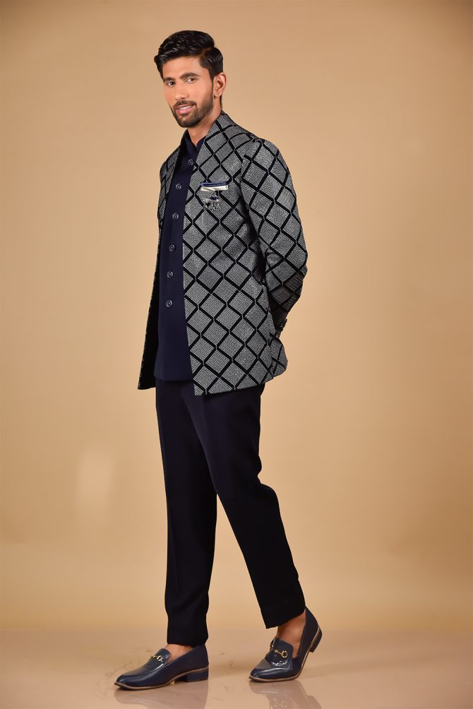 Navy Blue Sequined Geometrical Embroidery Jodhpuri Suit