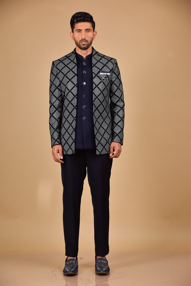 Navy Blue Sequined Geometrical Embroidery Jodhpuri Suit