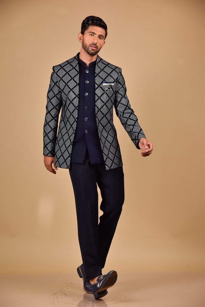 Navy Blue Sequined Geometrical Embroidery Jodhpuri Suit