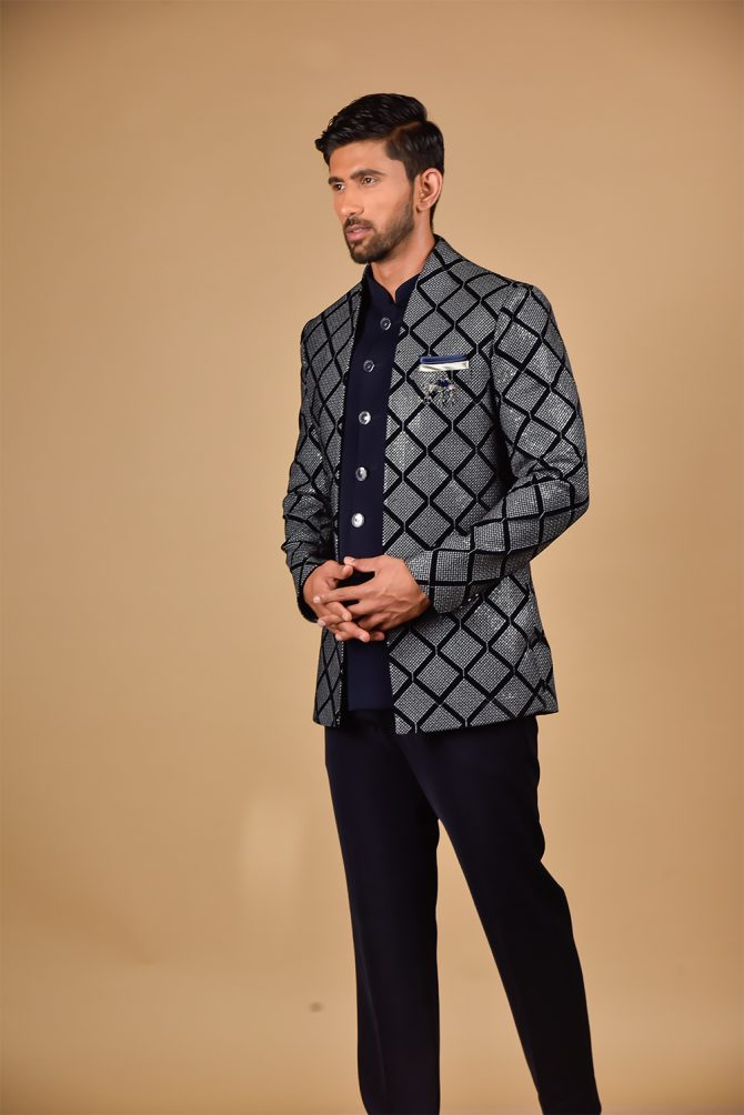 Navy Blue Sequined Geometrical Embroidery Jodhpuri Suit