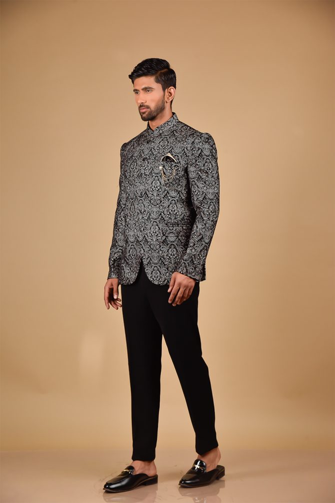 Black & White Rich Embroidered Jodhpuri Suit