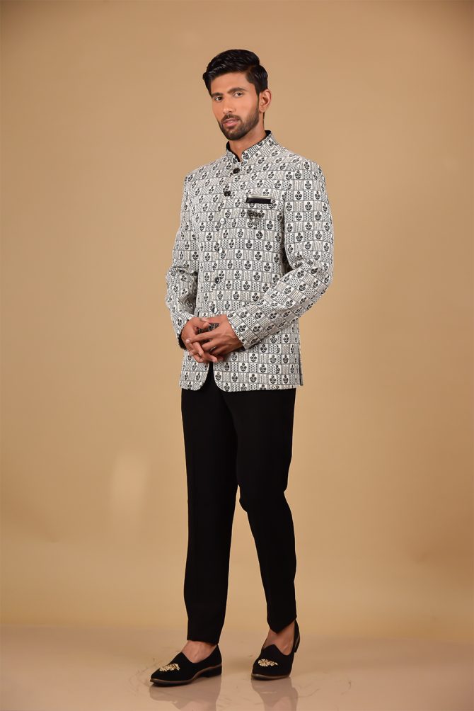 White & Black Floral Thread Work Jodhpuri Suit