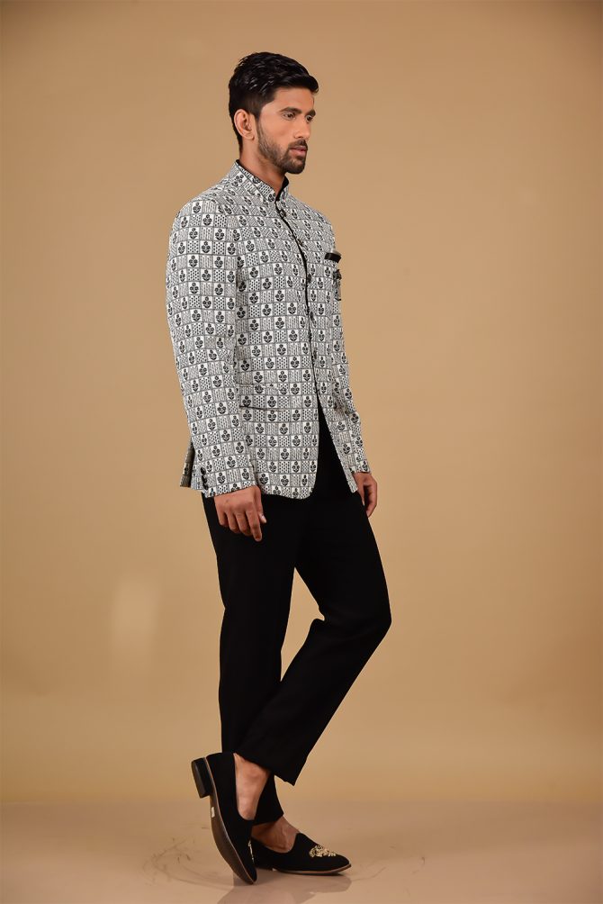 White & Black Floral Thread Work Jodhpuri Suit
