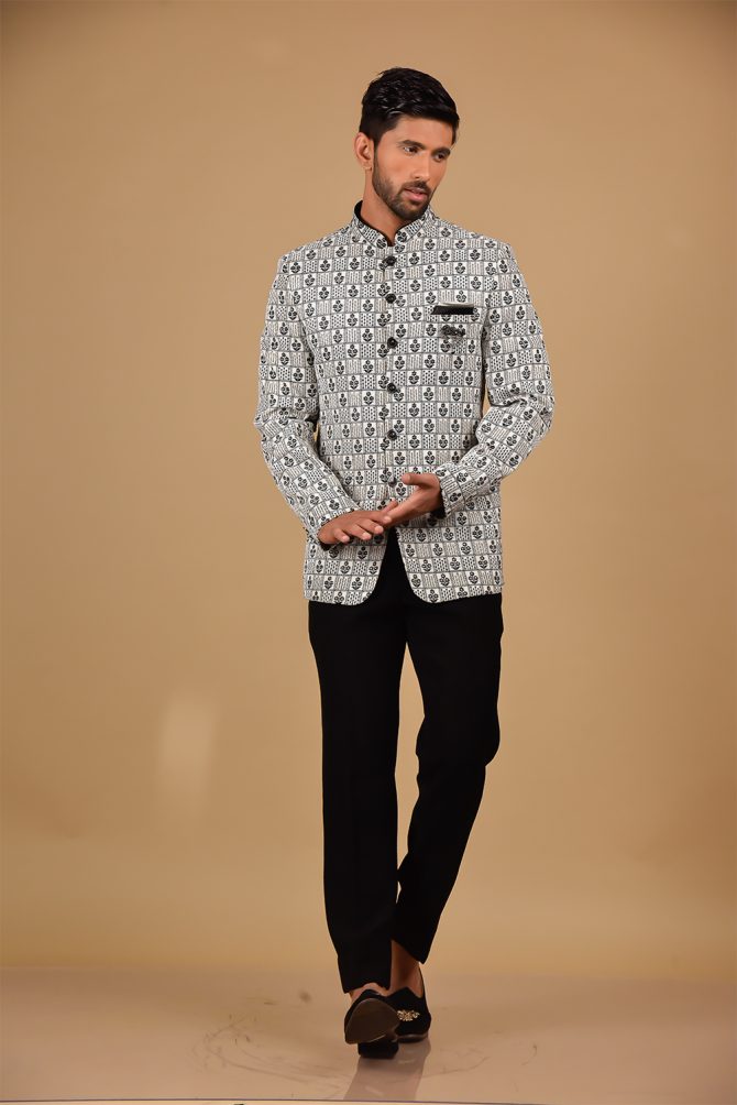 White & Black Floral Thread Work Jodhpuri Suit