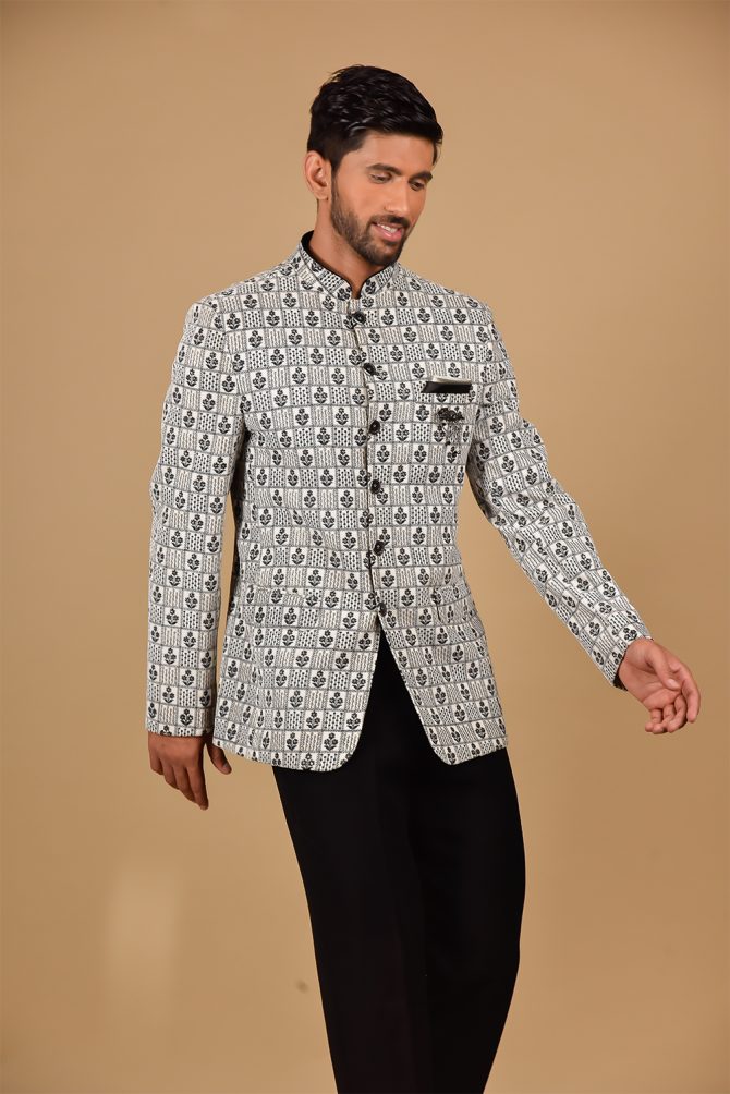 White & Black Floral Thread Work Jodhpuri Suit