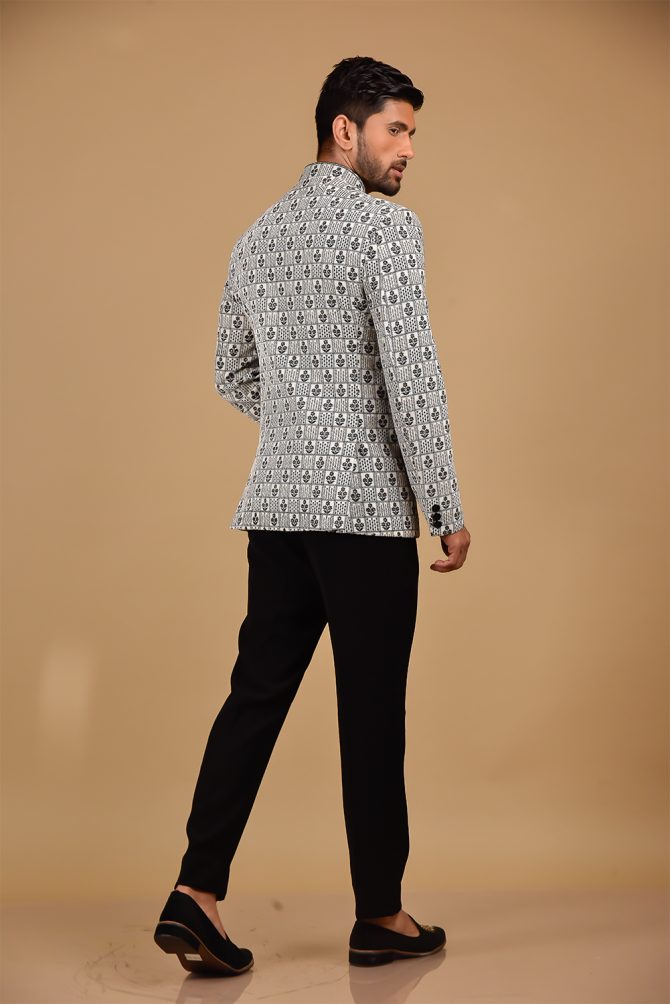 White & Black Floral Thread Work Jodhpuri Suit
