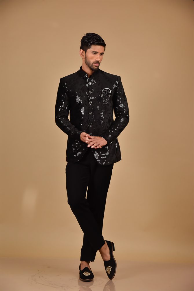 Matte Black Heavy Sequined Jodhpuri Suit