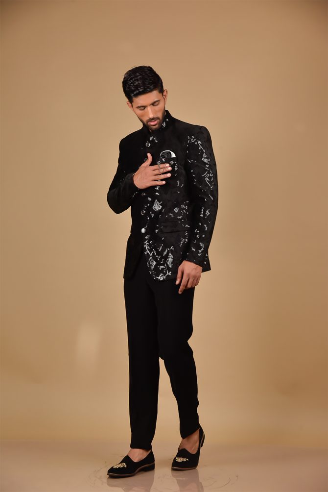 Matte Black Heavy Sequined Jodhpuri Suit