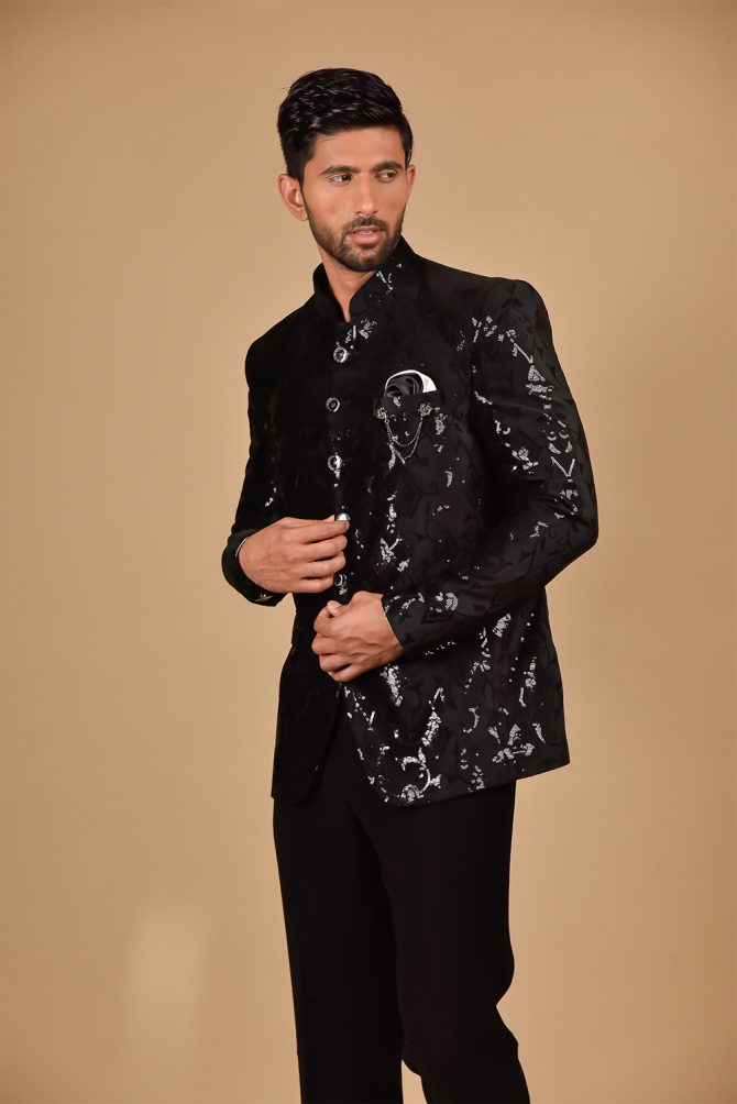 Matte Black Heavy Sequined Jodhpuri Suit