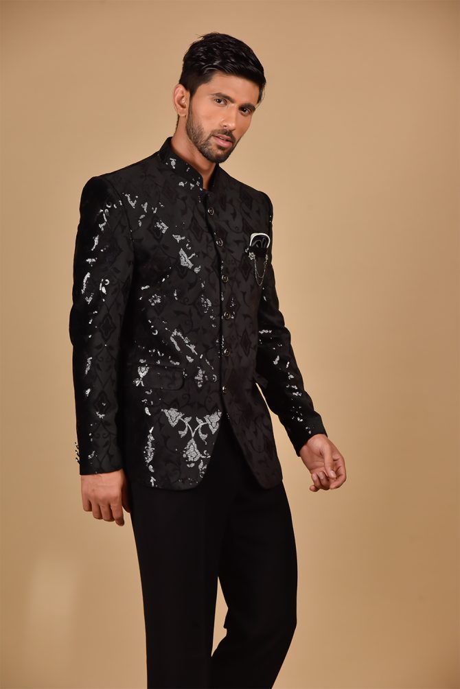 Matte Black Heavy Sequined Jodhpuri Suit