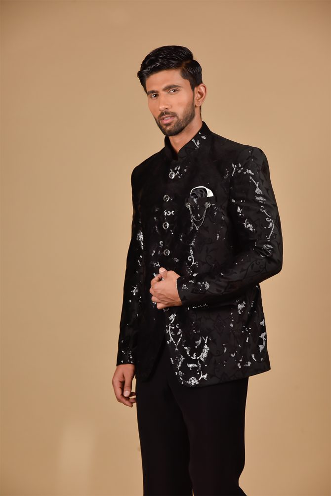 Matte Black Heavy Sequined Jodhpuri Suit