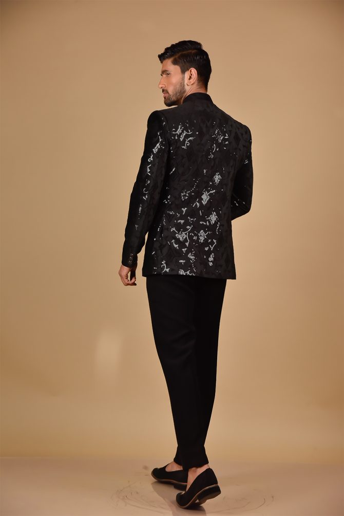 Matte Black Heavy Sequined Jodhpuri Suit