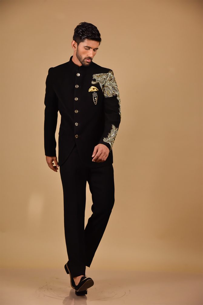 Luxurious Black With Golden Lion Shape Shoulder Embroidery Jodhpuri Suit