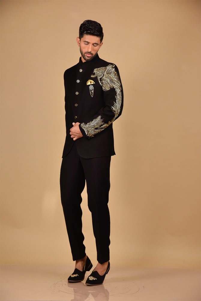 Luxurious Black With Golden Lion Shape Shoulder Embroidery Jodhpuri Suit