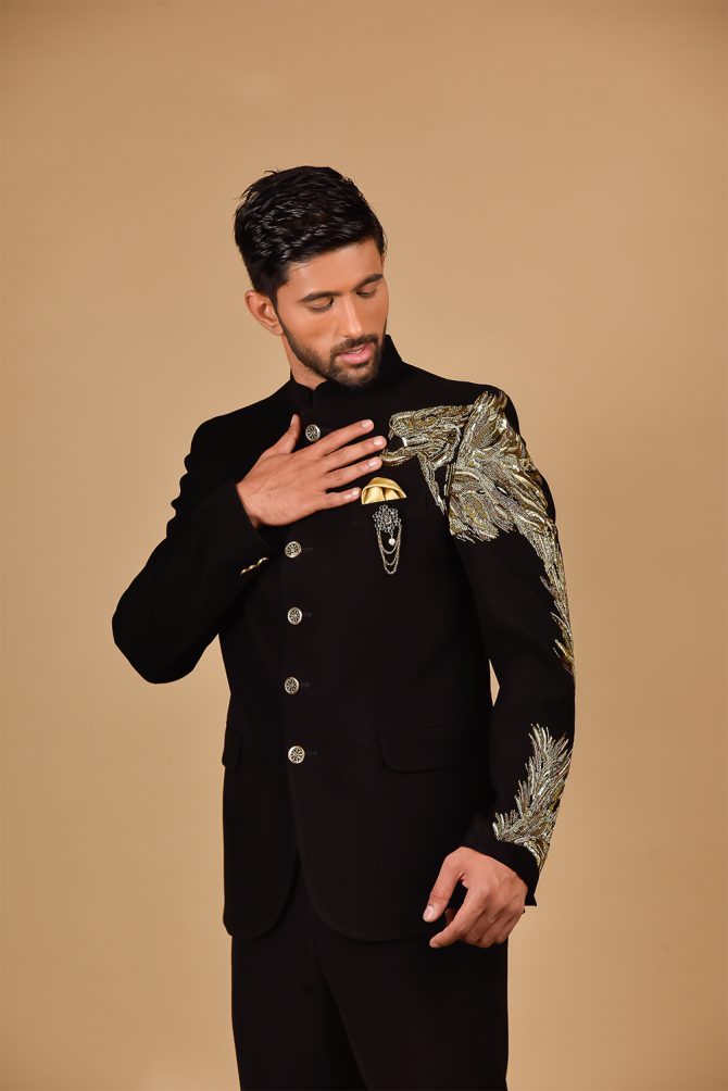 Luxurious Black With Golden Lion Shape Shoulder Embroidery Jodhpuri Suit