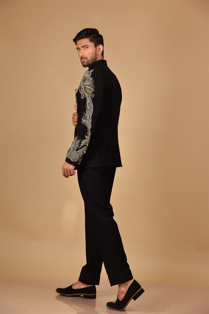 Luxurious Black With Golden Lion Shape Shoulder Embroidery Jodhpuri Suit