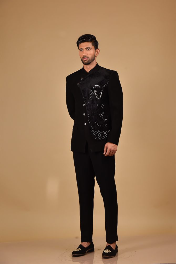 Classic Black Sequined Partywear Jodhpuri Suit