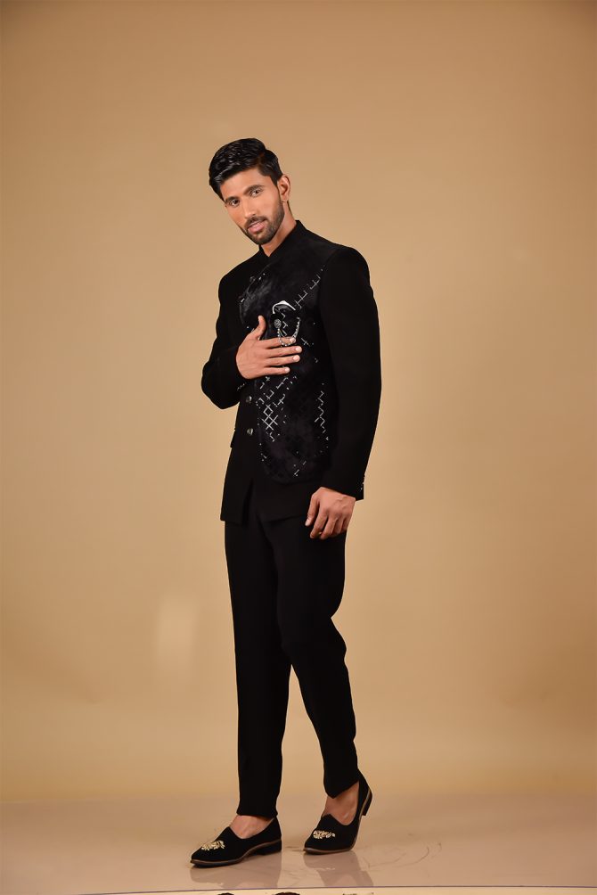Classic Black Sequined Partywear Jodhpuri Suit
