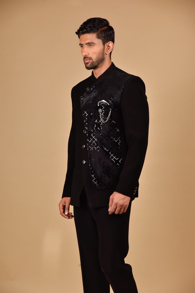 Classic Black Sequined Partywear Jodhpuri Suit