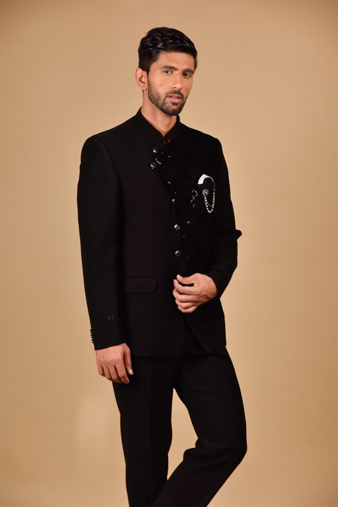 Classic Black Sequined Partywear Jodhpuri Suit