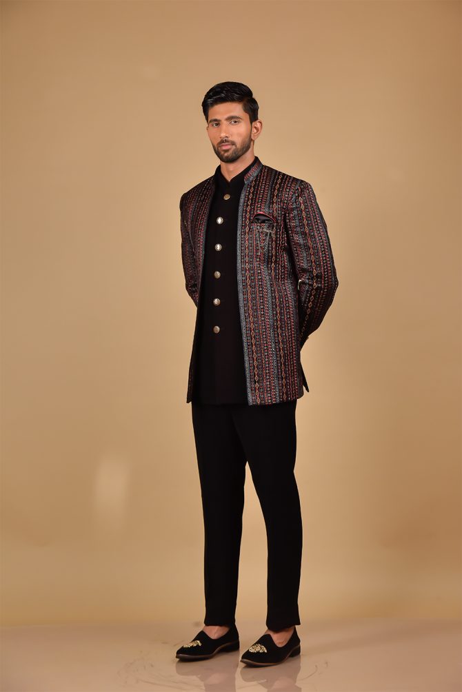 Black & Multicolour Woven Ceremonial Jodhpuri Set