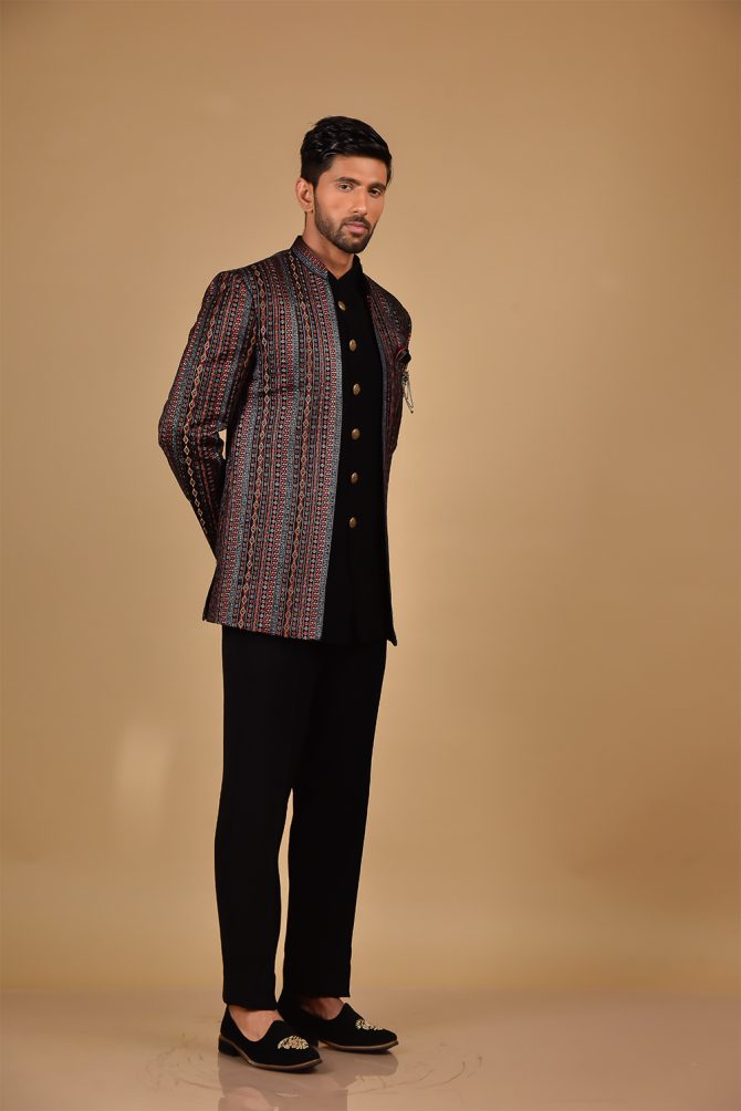 Black & Multicolour Woven Ceremonial Jodhpuri Set