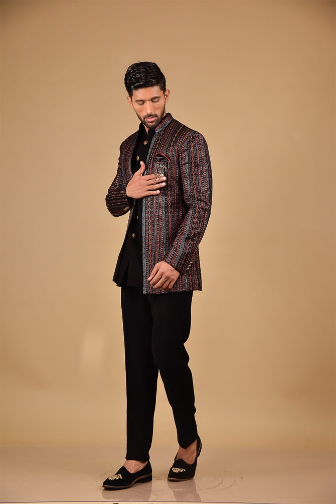 Black & Multicolour Woven Ceremonial Jodhpuri Set