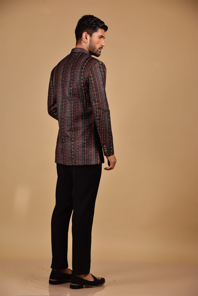 Black & Multicolour Woven Ceremonial Jodhpuri Set