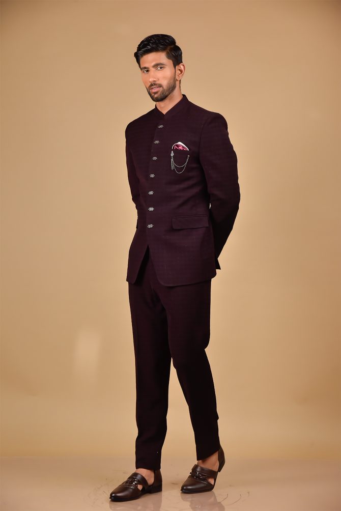 Wine Self Textured Designer Jodhpuri Suit