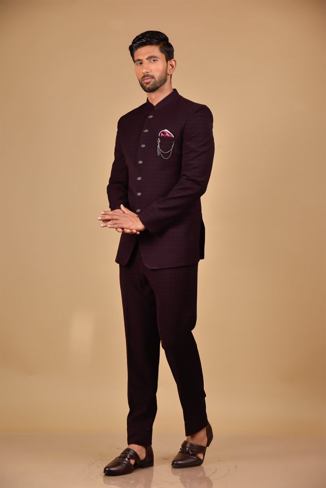 Wine Self Textured Designer Jodhpuri Suit