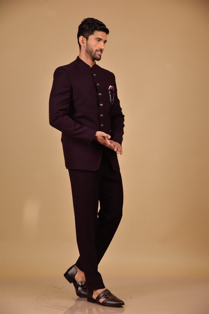 Wine Self Textured Designer Jodhpuri Suit
