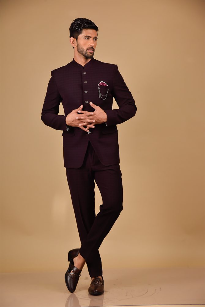 Wine Self Textured Designer Jodhpuri Suit