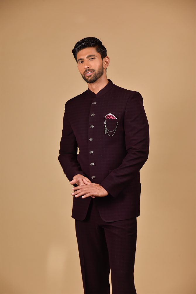 Wine Self Textured Designer Jodhpuri Suit