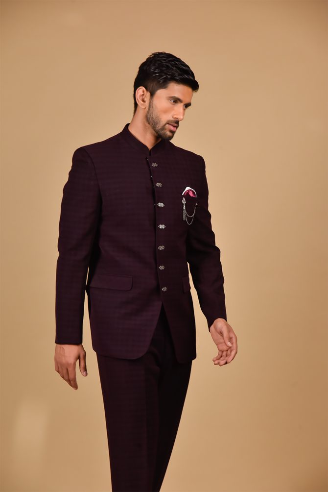 Wine Self Textured Designer Jodhpuri Suit