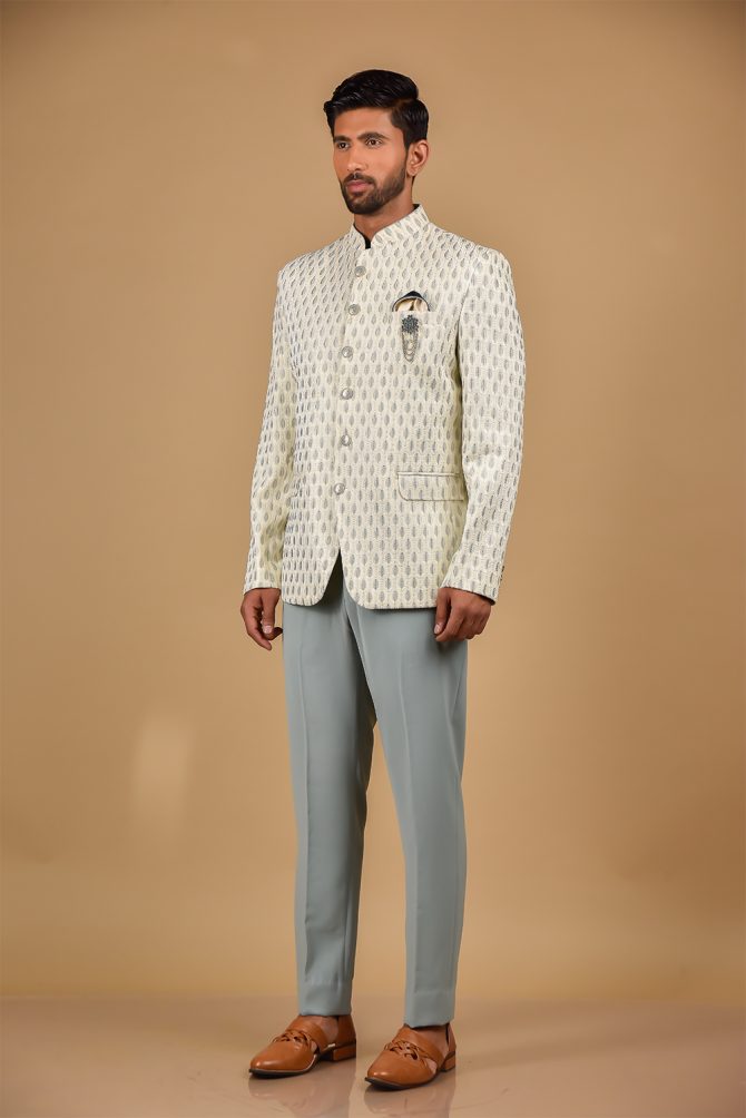 Cream & Grey Thread Embroidered Festive Wear Jodhpuri Suit