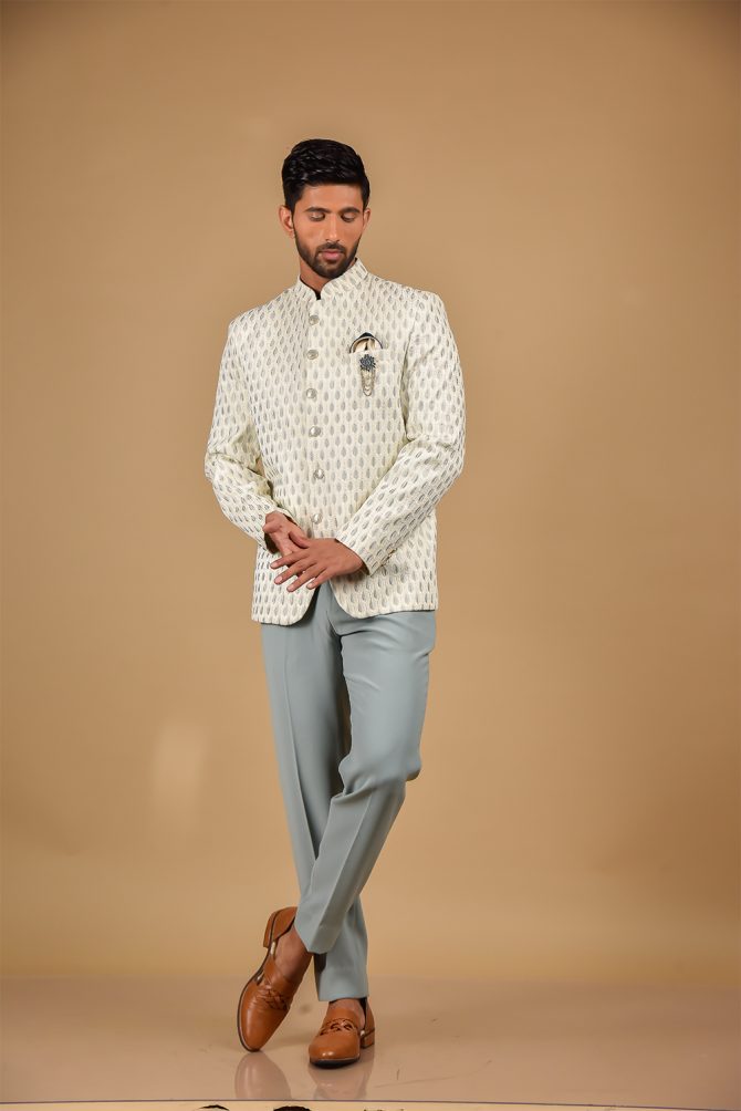 Cream & Grey Thread Embroidered Festive Wear Jodhpuri Suit