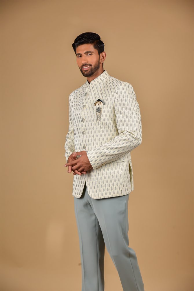 Cream & Grey Thread Embroidered Festive Wear Jodhpuri Suit