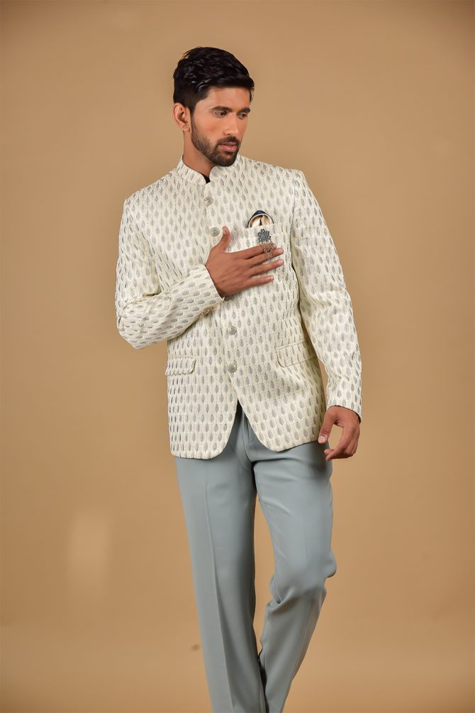 Cream & Grey Thread Embroidered Festive Wear Jodhpuri Suit