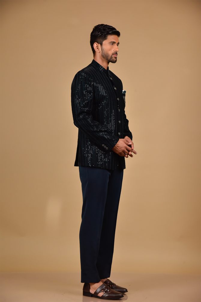 Navy Blue Rich Sequined Jodhpuri Suit