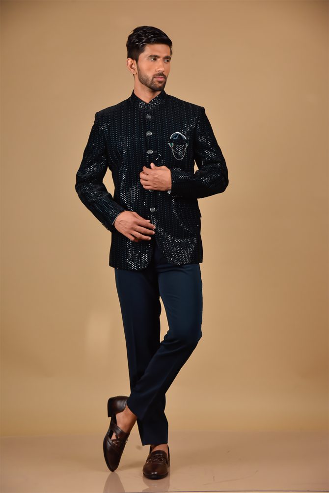 Navy Blue Rich Sequined Jodhpuri Suit