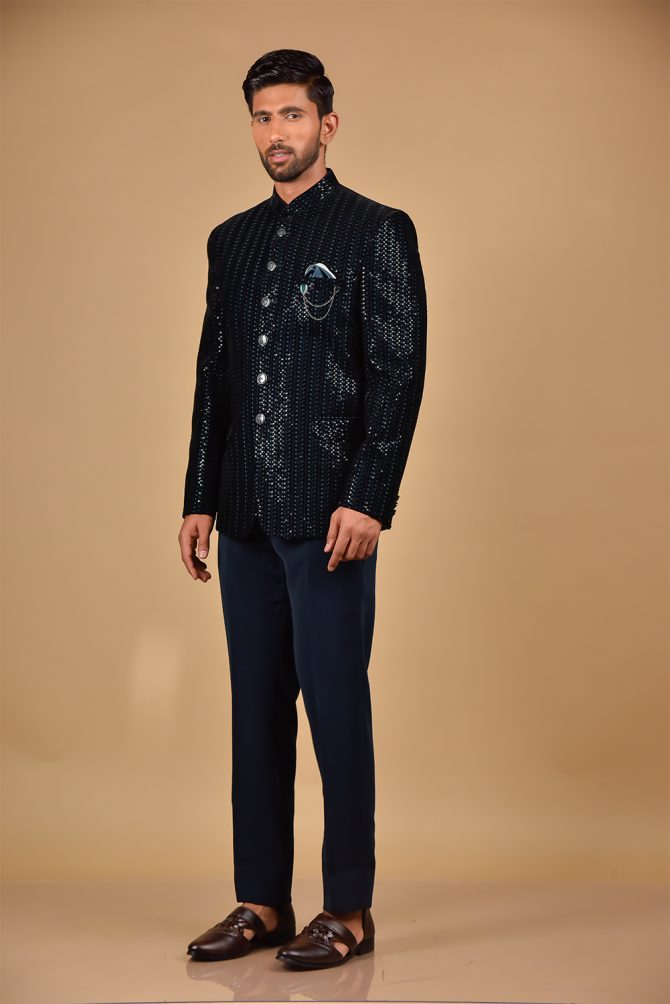 Navy Blue Rich Sequined Jodhpuri Suit