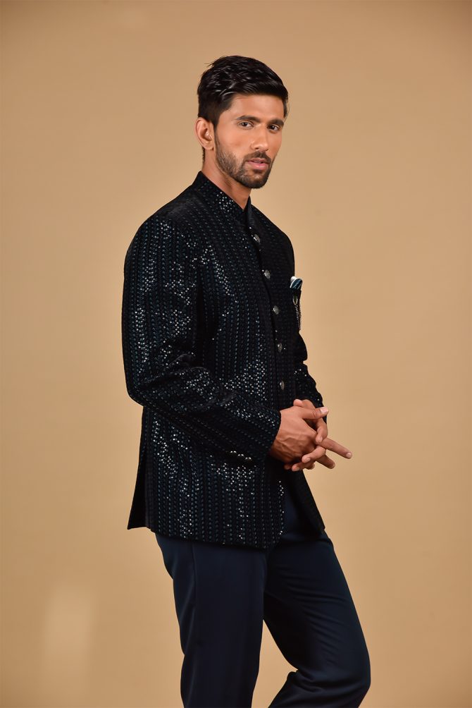 Navy Blue Rich Sequined Jodhpuri Suit