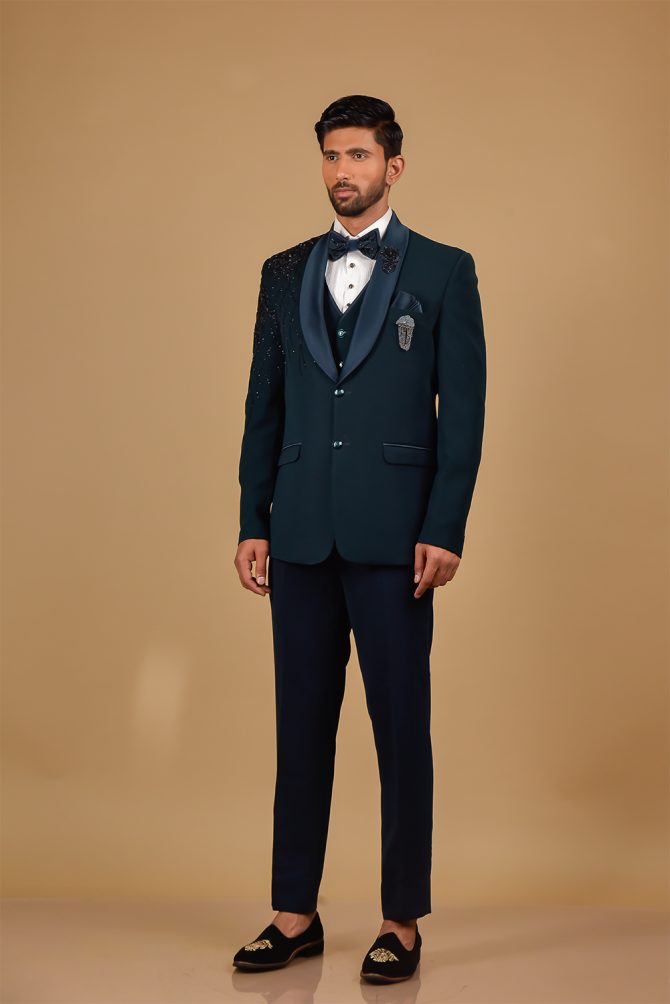Elegant Peacock Blue Sequin Embellished 3 Piece Partywear Suit