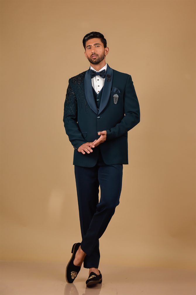 Elegant Peacock Blue Sequin Embellished 3 Piece Partywear Suit