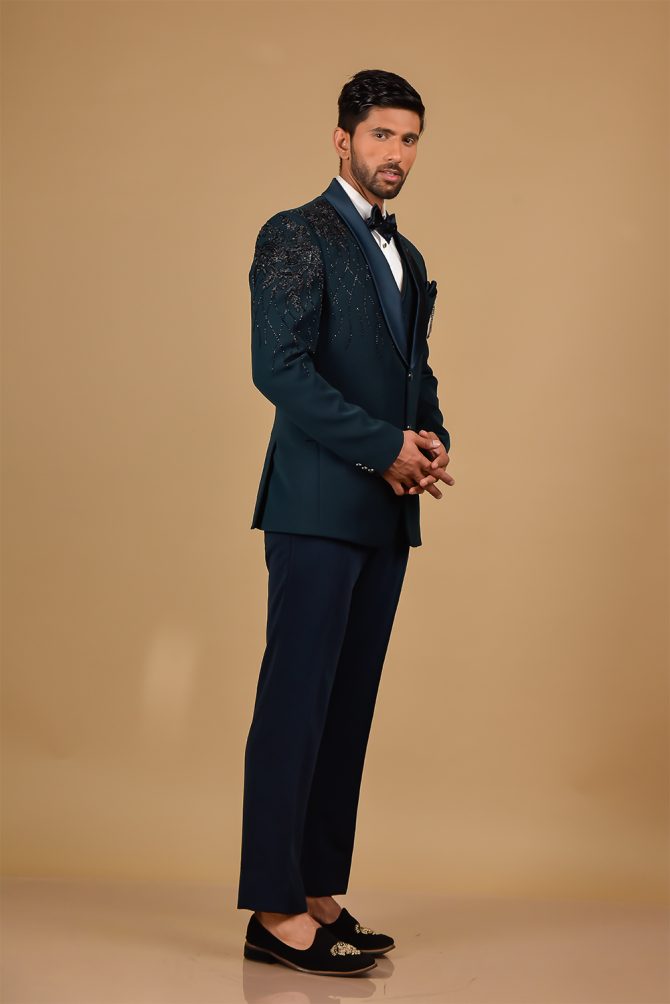 Elegant Peacock Blue Sequin Embellished 3 Piece Partywear Suit