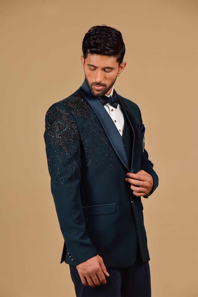 Elegant Peacock Blue Sequin Embellished 3 Piece Partywear Suit